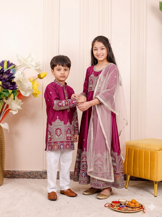 Purple Heritage Embroidered | Brother Sister Matching Ethnic Set