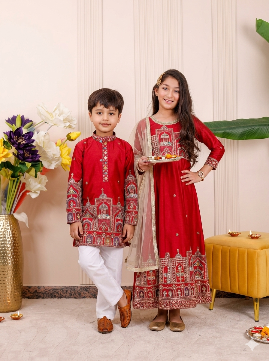 Shaahi Red Embroidered  Brother & Sister Outfit
