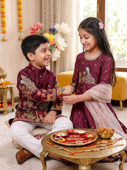 Wine Peacock Embroidered Brother & Sister Outfit