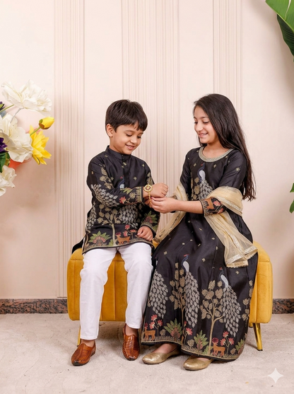 Midnight Black Peacock Embroidered Brother & Sister Outfit