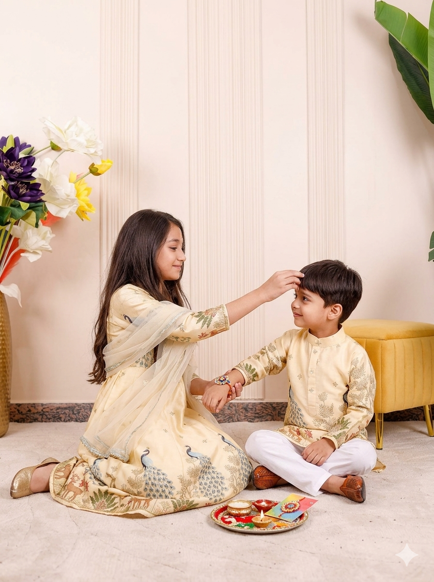 Champagne Yellow Peacock Embroidered Brother & Sister Outfit