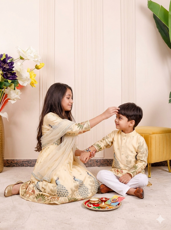 Champagne Yellow Peacock Embroidered Brother & Sister Outfit