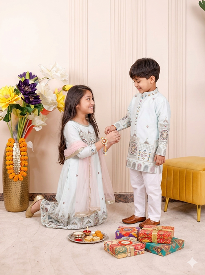 Ice Blue Elegance Embroidered Brother & Sister Outfit 🤍🌸 ❄️✨👨‍👩‍👧‍👦