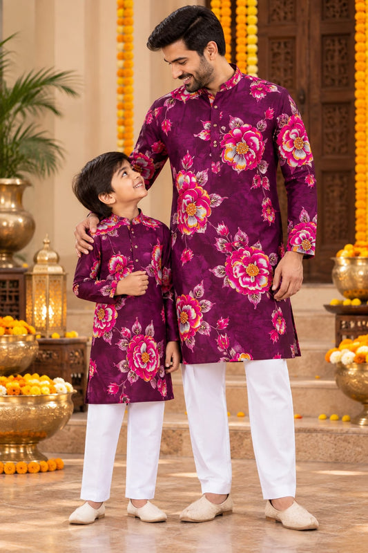 Father-Son Purple Floral Printed Kurta Pajama Combo Set