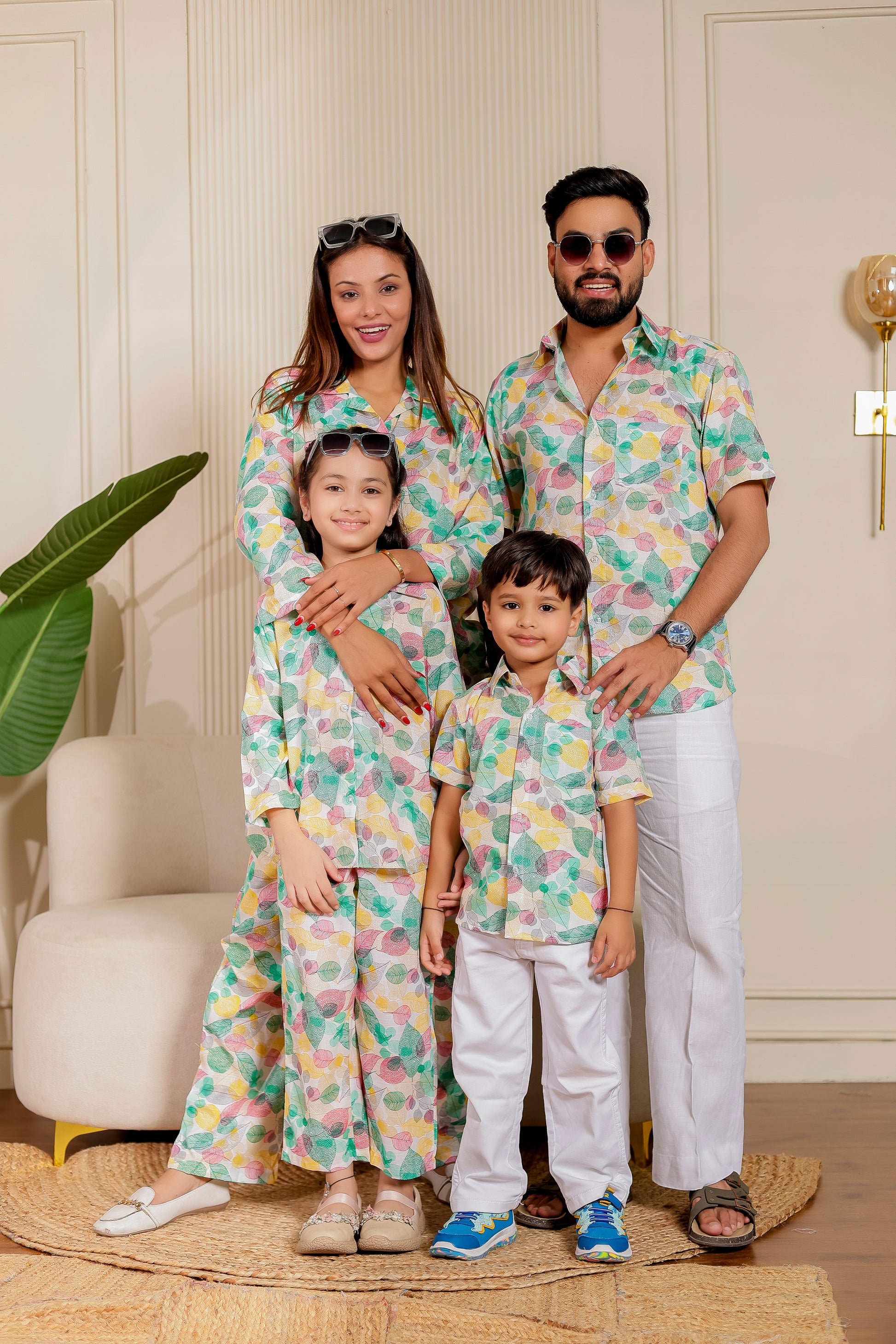 Leafy Love family combo with matching cotton co-ord sets and shirts in pink leafy textured print – perfect family twinning outfit for parties, casuals & festive looks