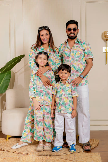 Leafy Love family combo with matching cotton co-ord sets and shirts in pink leafy textured print – perfect family twinning outfit for parties, casuals & festive looks