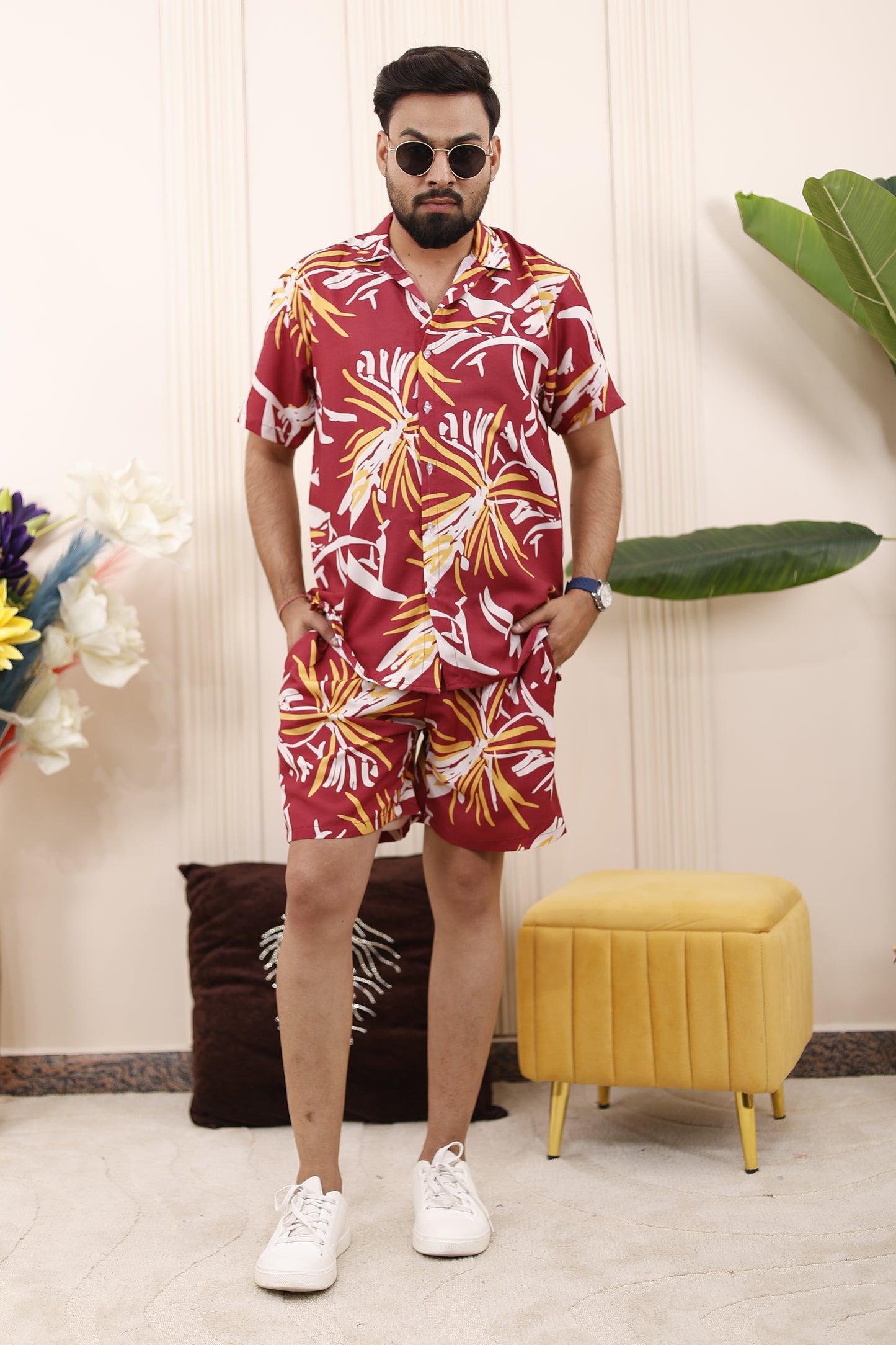 Men’s maroon shirt and shorts – abstract print cotton co-ord set for stylish father twinning.