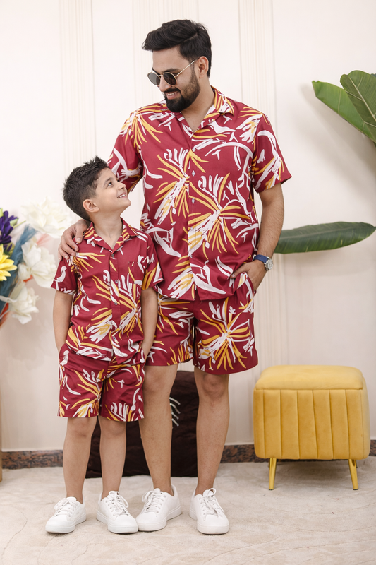 Maroon Abstract Father-Son Matching Co-Ord Set – stylish cotton shirts and shorts for dad and son, perfect for twinning, celebrations, and outings.