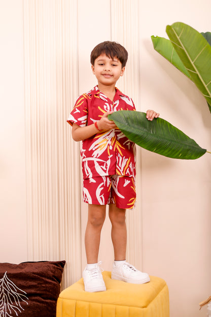 Boy’s maroon shirt and shorts – abstract print cotton co-ord set for stylish twinning with dad.