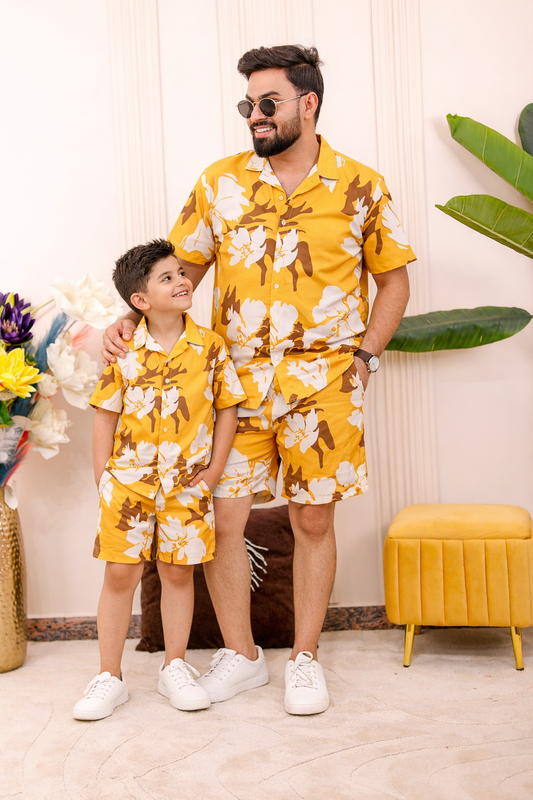 Father and son wearing Mustard Floral matching co-ord set for festive wear