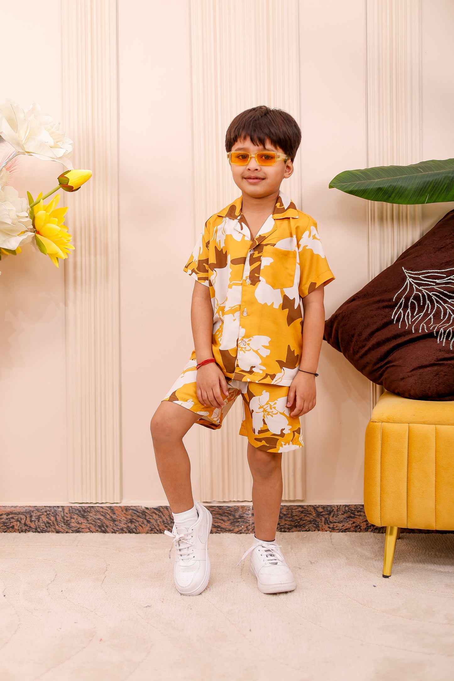Son wearing Mustard Floral father-son matching co-ord set for festive wear