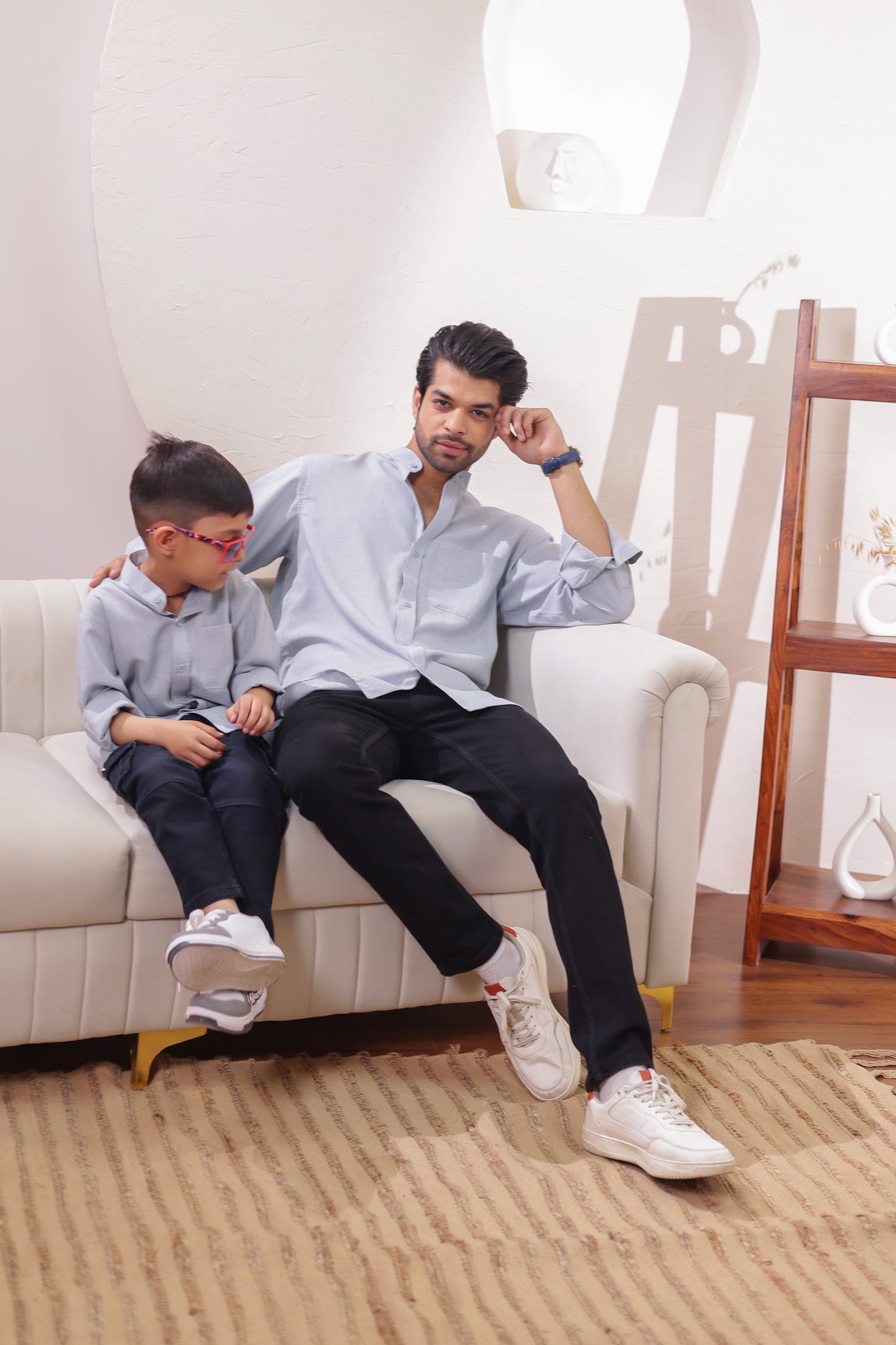 Ocean Blue Father-Son Matching Shirt Combo – Formal Linen-Cotton Twinning Outfit for Weddings, Birthdays, and Family Celebrations