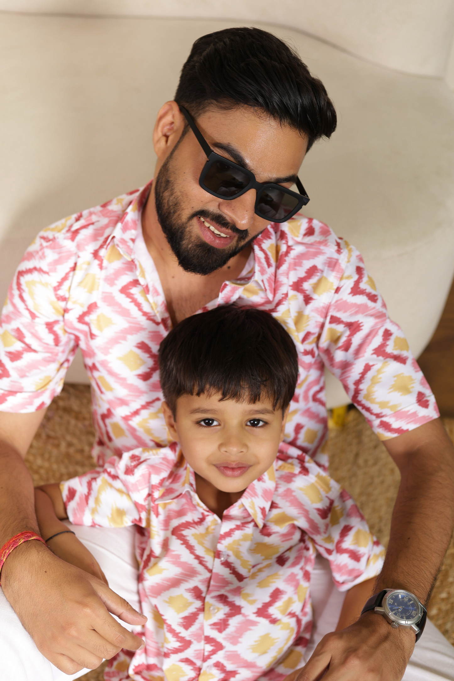 Petal & Pearl Father-Son Matching Shirt Combo – soft pastel cotton shirts for stylish and comfortable twinning.