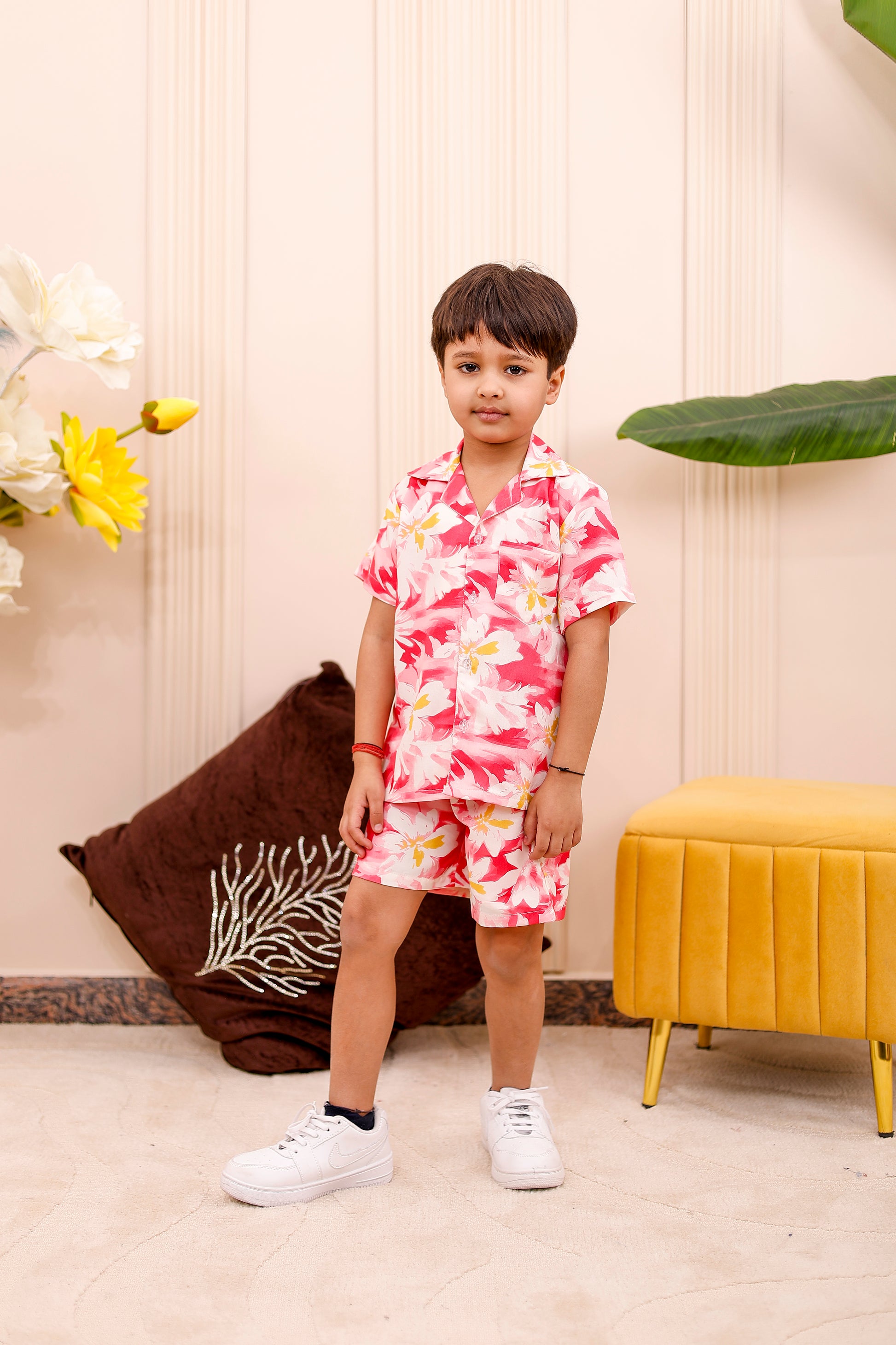 Boy wearing Rosy Bloom father-son matching co-ord set with shirt and shorts