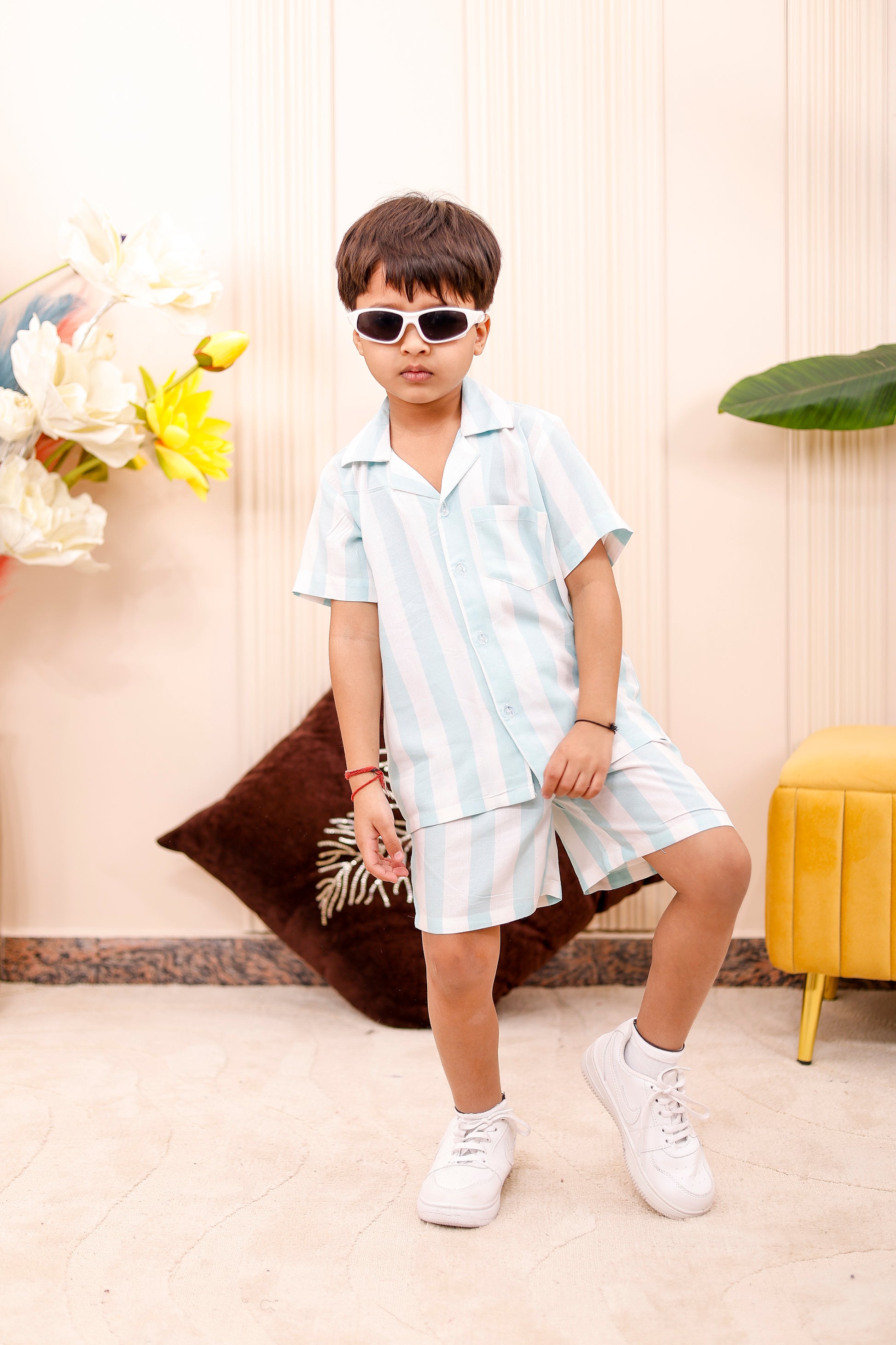 Boy wearing Rosy Bloom father-son matching co-ord set with elastic waist shorts