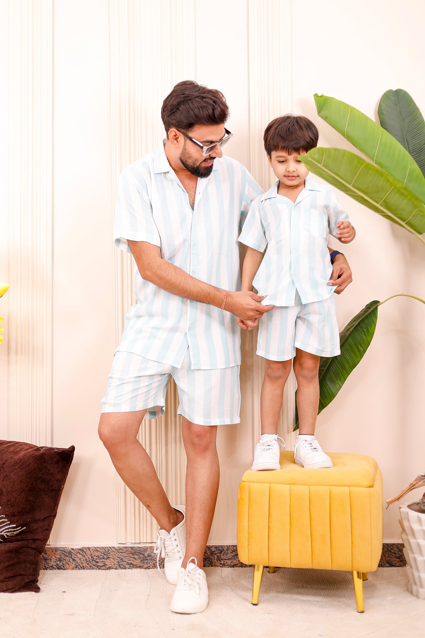 Rosy Bloom father-son matching co-ord set with shirts and shorts -perfect for summer vacations