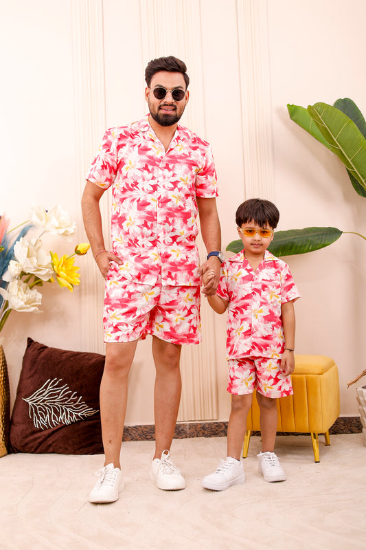 Rosy Bloom father-son matching co-ord set with shirt and coordinated shorts for festive and summer occasions