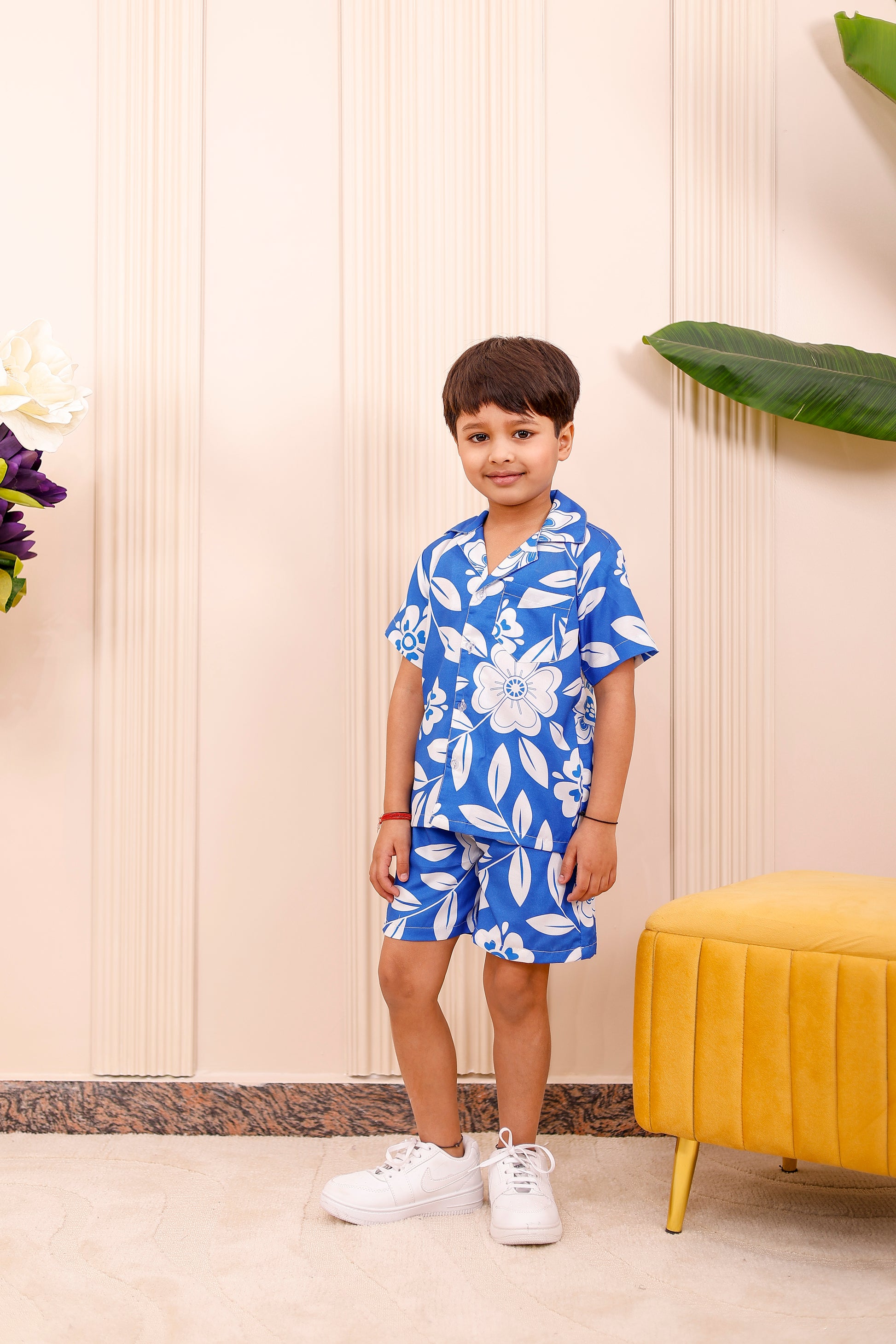 Boy wearing Royal Blue Floral father-son matching co-ord set with shirt and shorts
