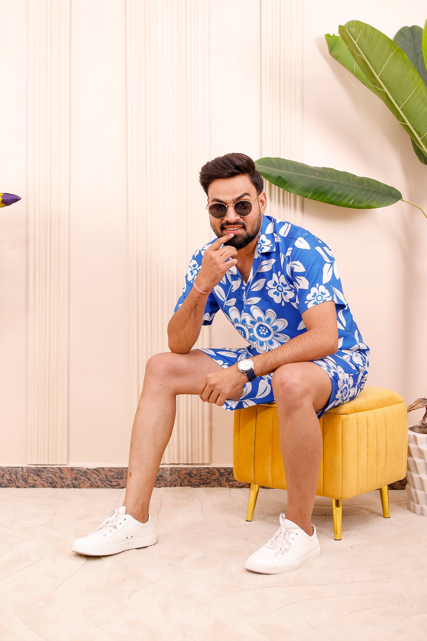 Father wearing Royal Blue Floral matching co-ord set with shirt and shorts for summer celebrations