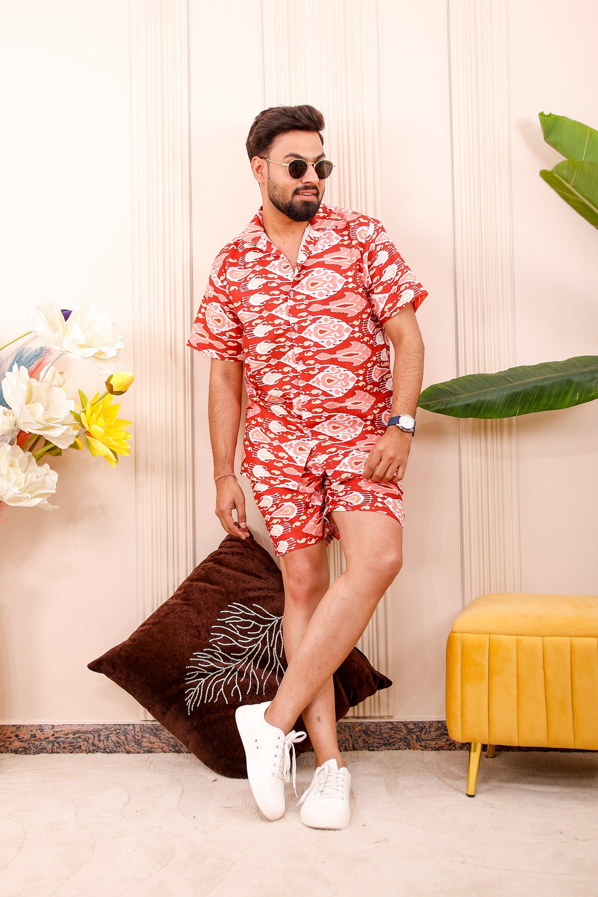 Father in Ruby Print matching shirt and shorts co-ord set