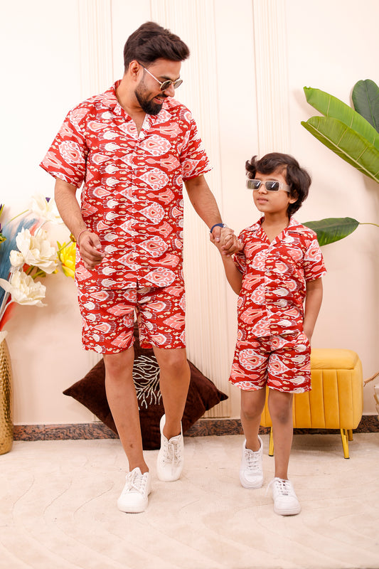 Father and son wearing Ruby Print matching co-ord set in cotton