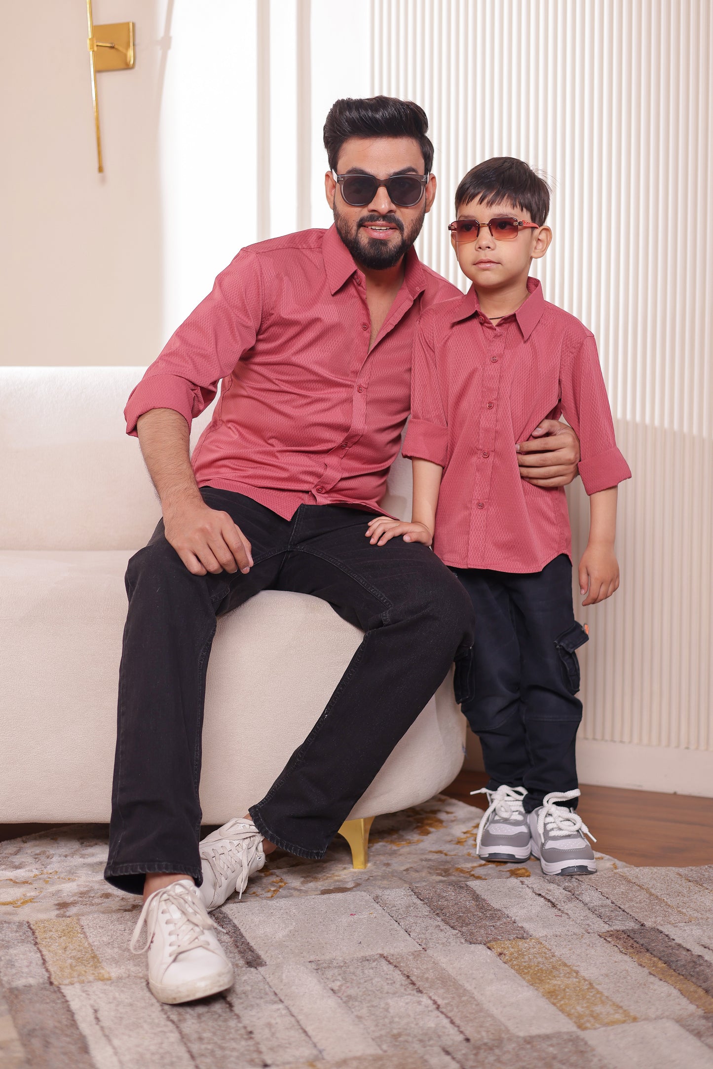 Rust Rose Father-Son Matching Shirt Combo – Formal Linen-Cotton Twinning Outfit for Family, Birthdays, Weddings, and Festivals 