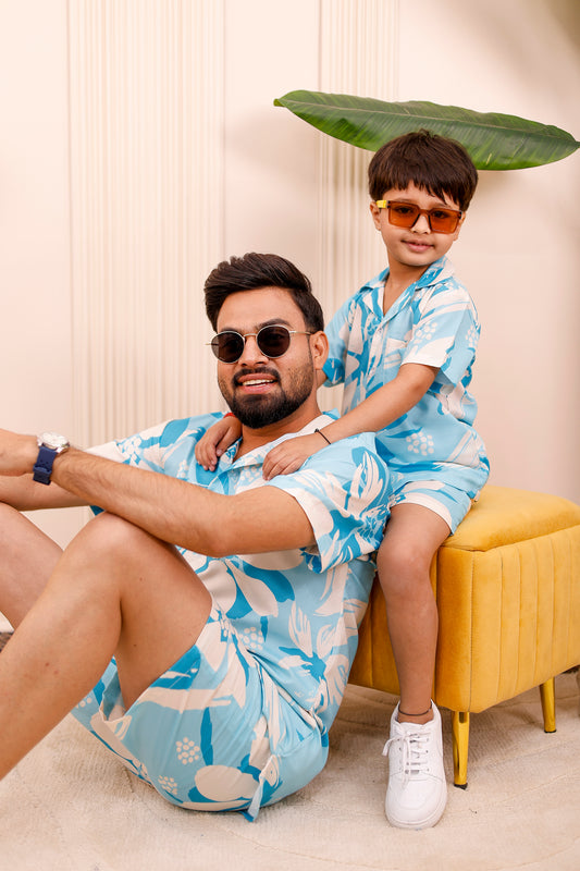 Father and son in Ocean Bloom printed matching co-ord set for twinning in style