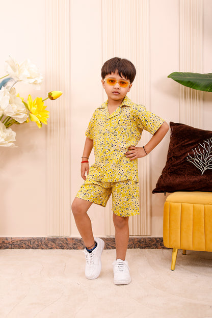 Boy wearing Summer Sunshine co-ord set with shirt and matching shorts in breathable cotton blend, perfect for festive occasions and father-son twinning.