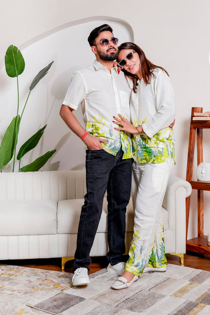 Couple wearing matching Verdant Vibe tropical print shirts and co-ords—perfect family matching outfit for parents in breathable cotton.