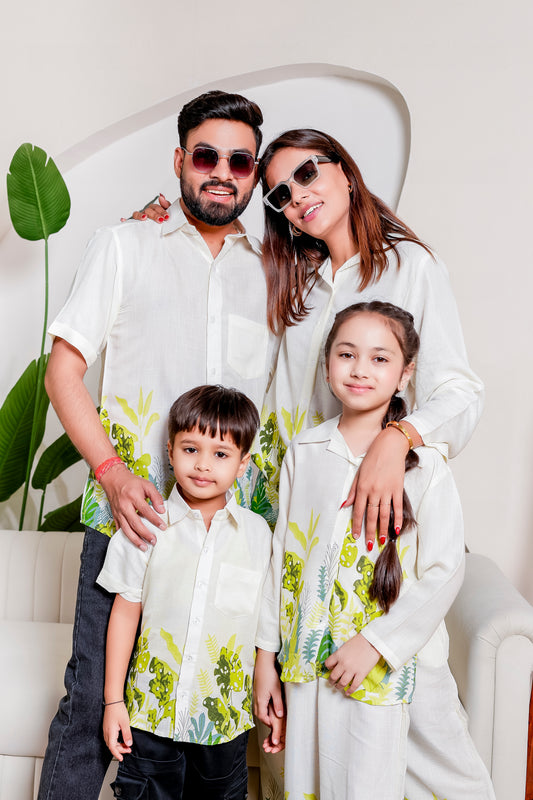  family matching outfits in Verdant Vibe tropical print—family combo with cotton co-ord sets and shirts for parents and kids, ideal for holidays.