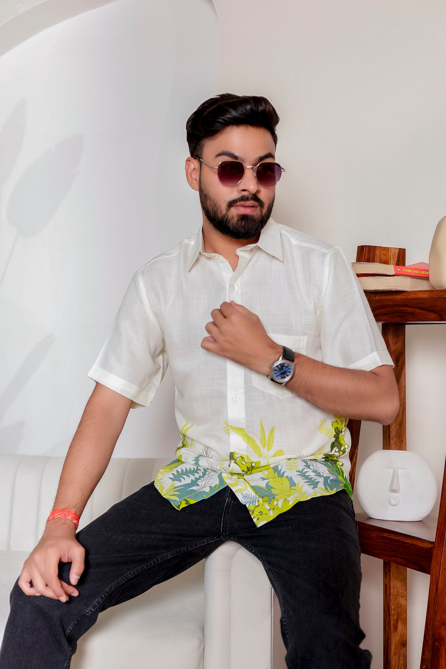 Men  wearing Verdant Vibe tropical leaf print shirt—perfect for family matching outfit, twinning with kids, and casual outings.

