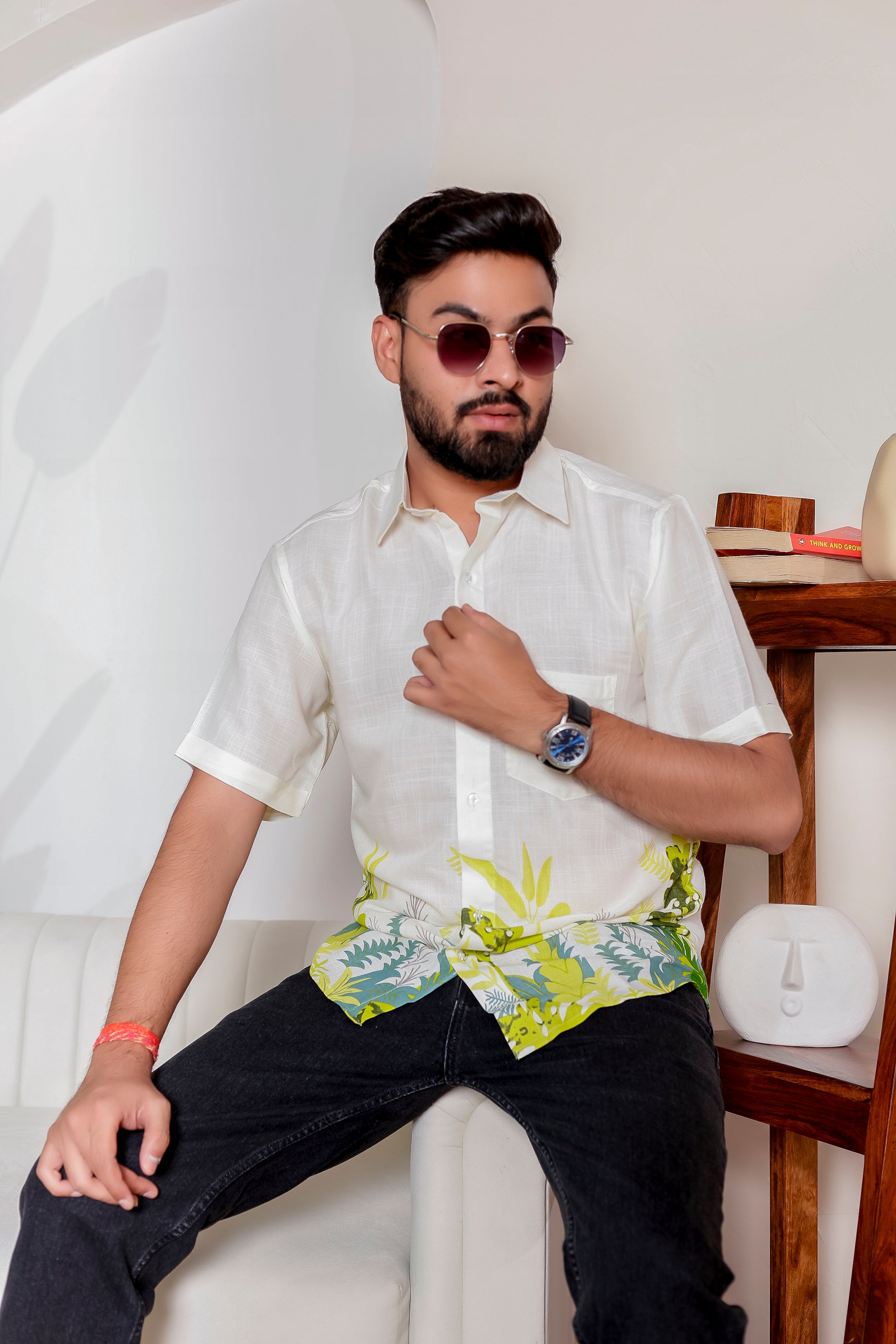 Men  wearing Verdant Vibe tropical leaf print shirt—perfect for family matching outfit, twinning with kids, and casual outings.

