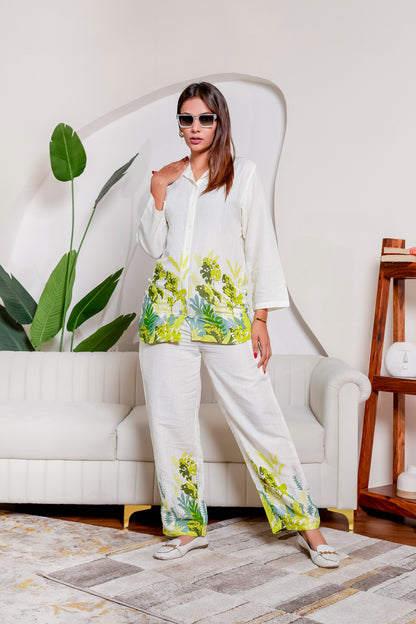 Woman wearing Verdant Vibe family matching co-ord set in soft cotton, designed in a fresh green tone for coordinated family outfits and festive occasions.