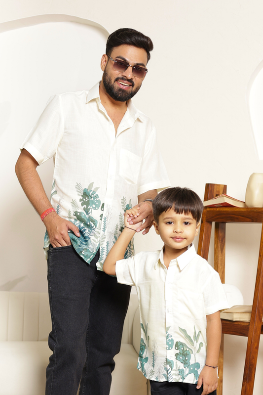 Wheel Skin father-son matching shirt combo in green tropical print, soft breathable cotton outfit for dad and boy, stylish summer wear